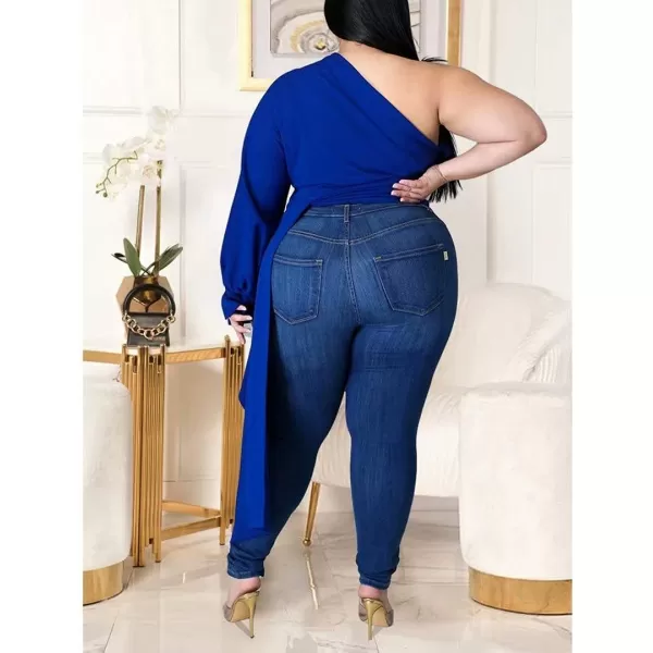 Women Plus Size Puff Sleeve Slant Shoulder High Low Asymmetrical Bodycon Bodice Blouse Shirt TopsBlue