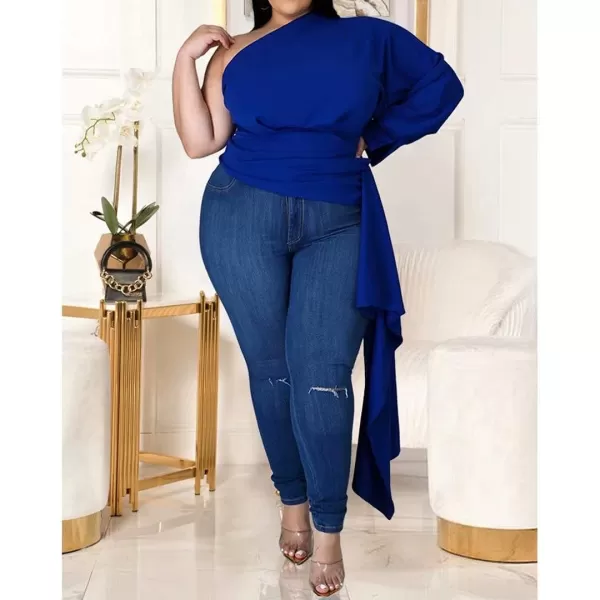 Women Plus Size Puff Sleeve Slant Shoulder High Low Asymmetrical Bodycon Bodice Blouse Shirt TopsBlue