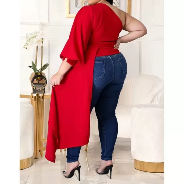 Women Plus Size Puff Sleeve Slant Shoulder High Low Asymmetrical Bodycon Bodice Blouse Shirt TopsRed