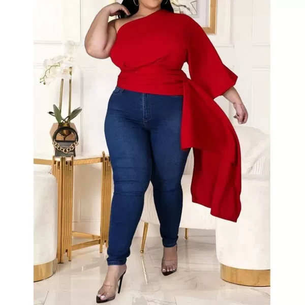 Women Plus Size Puff Sleeve Slant Shoulder High Low Asymmetrical Bodycon Bodice Blouse Shirt TopsRed