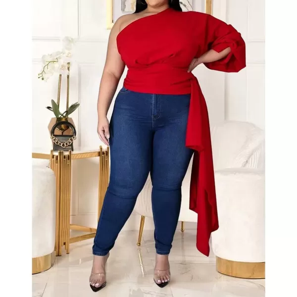 Women Plus Size Puff Sleeve Slant Shoulder High Low Asymmetrical Bodycon Bodice Blouse Shirt TopsRed