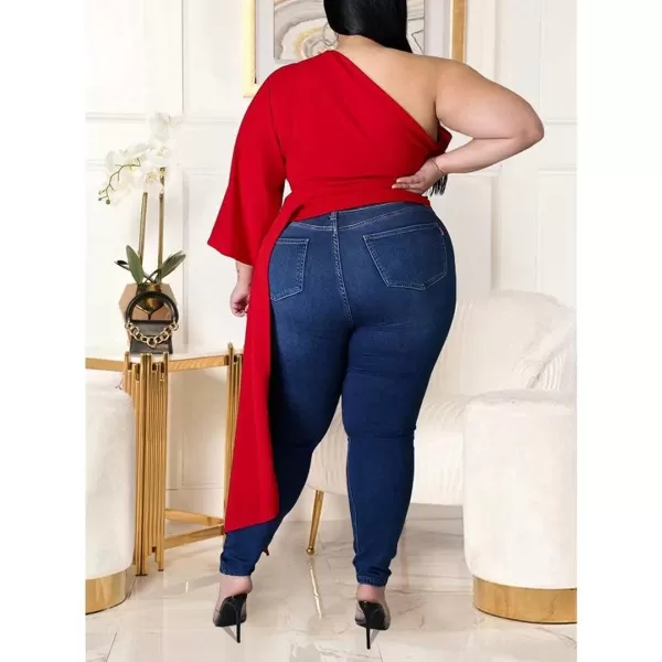 Women Plus Size Puff Sleeve Slant Shoulder High Low Asymmetrical Bodycon Bodice Blouse Shirt TopsRed