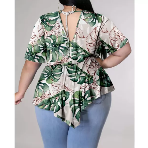 Women Plus Size Short Sleeve Floral V Neck Wrap Peplum Tops High Low Asymmetrical Bodycon Blouse Shirt TopsWomen Plus Size Short Sleeve Floral V Neck Wrap Peplum Tops High Low Asymmetrical Bodycon Blouse Shirt Tops