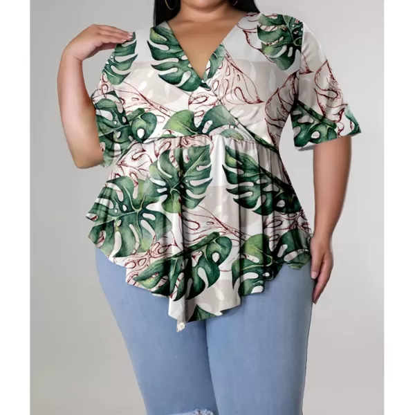 Women Plus Size Short Sleeve Floral V Neck Wrap Peplum Tops High Low Asymmetrical Bodycon Blouse Shirt TopsWomen Plus Size Short Sleeve Floral V Neck Wrap Peplum Tops High Low Asymmetrical Bodycon Blouse Shirt Tops