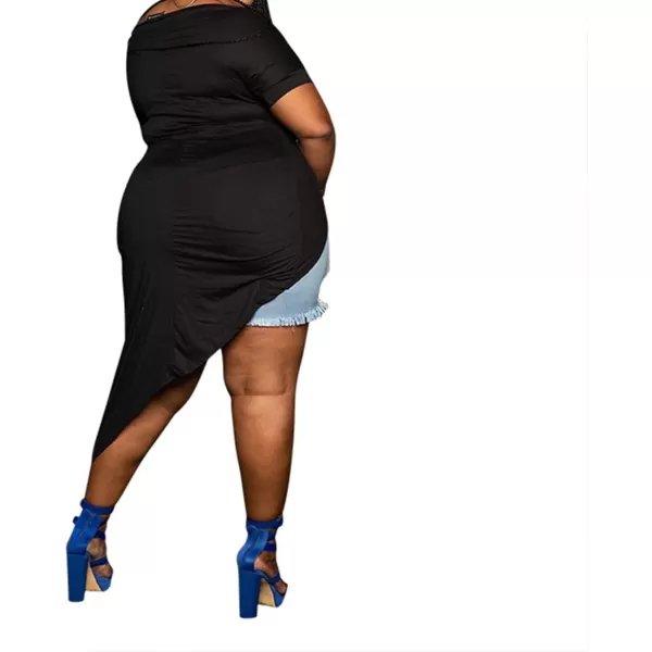 Women Plus Size Short Sleeve Hollow Out High Low Asymmetrical Bodycon Bodice Blouse Shirt TopsBlack