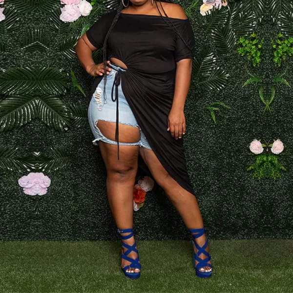 Women Plus Size Short Sleeve Hollow Out High Low Asymmetrical Bodycon Bodice Blouse Shirt TopsBlack