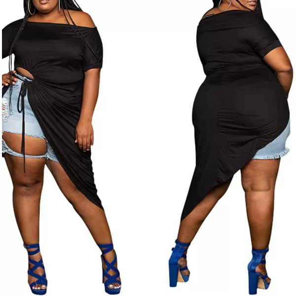 Women Plus Size Short Sleeve Hollow Out High Low Asymmetrical Bodycon Bodice Blouse Shirt TopsBlack