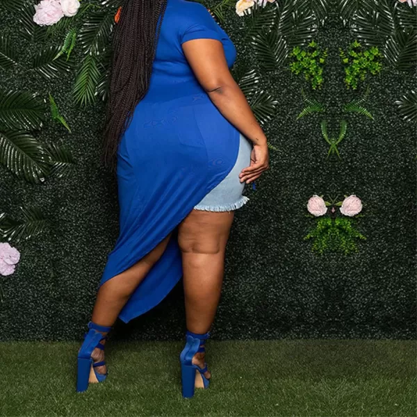 Women Plus Size Short Sleeve Hollow Out High Low Asymmetrical Bodycon Bodice Blouse Shirt TopsBlue
