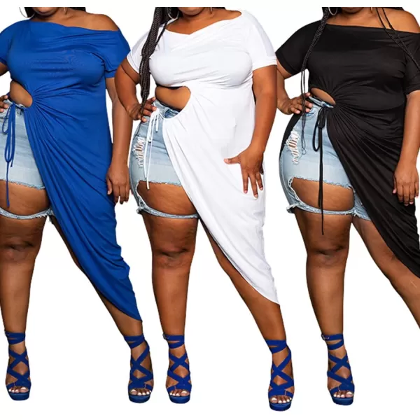 Women Plus Size Short Sleeve Hollow Out High Low Asymmetrical Bodycon Bodice Blouse Shirt TopsBlue