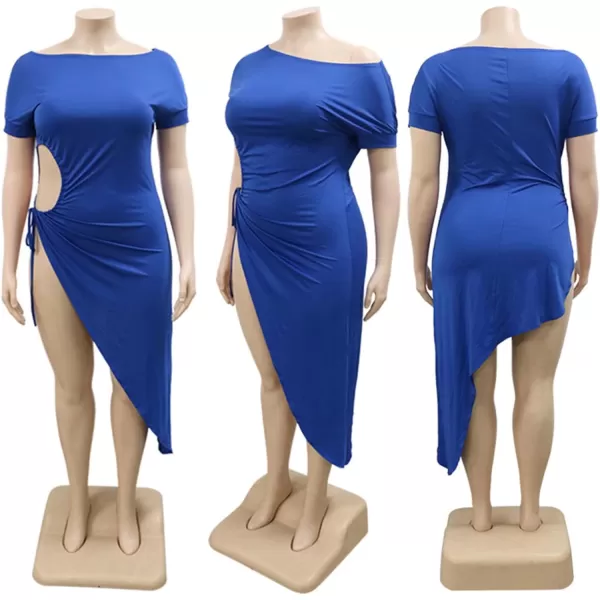 Women Plus Size Short Sleeve Hollow Out High Low Asymmetrical Bodycon Bodice Blouse Shirt TopsBlue