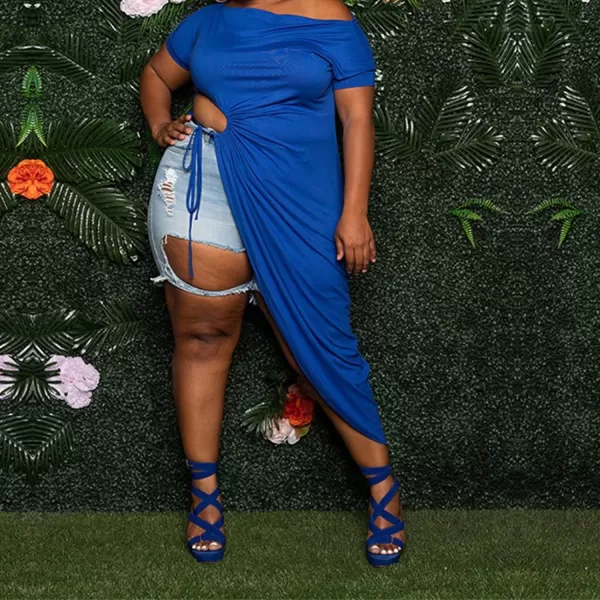 Women Plus Size Short Sleeve Hollow Out High Low Asymmetrical Bodycon Bodice Blouse Shirt TopsBlue