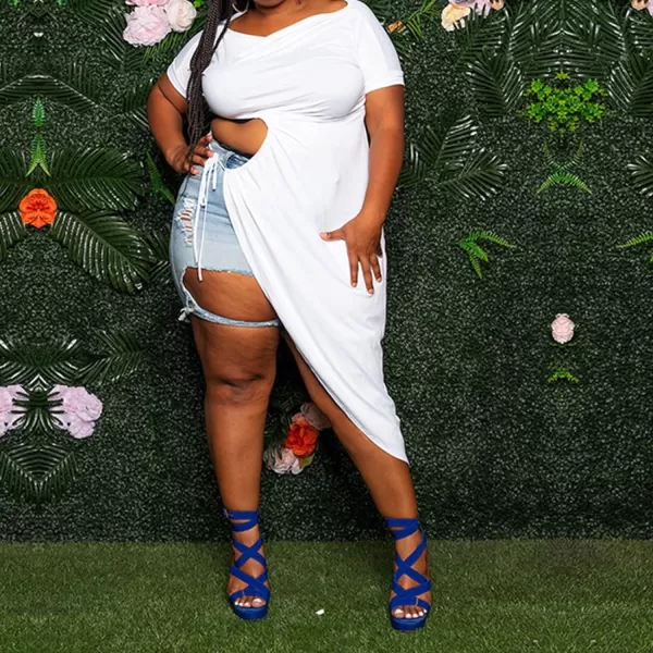Women Plus Size Short Sleeve Hollow Out High Low Asymmetrical Bodycon Bodice Blouse Shirt TopsWhite