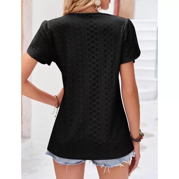 Womens Casual Petal Sleeve Lace Trim V Neck Tops 2023 Summer Loose Tee Shirts BlouseBlack