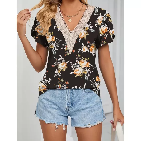 Womens Casual Petal Sleeve Lace Trim V Neck Tops 2023 Summer Loose Tee Shirts BlouseBlack Red