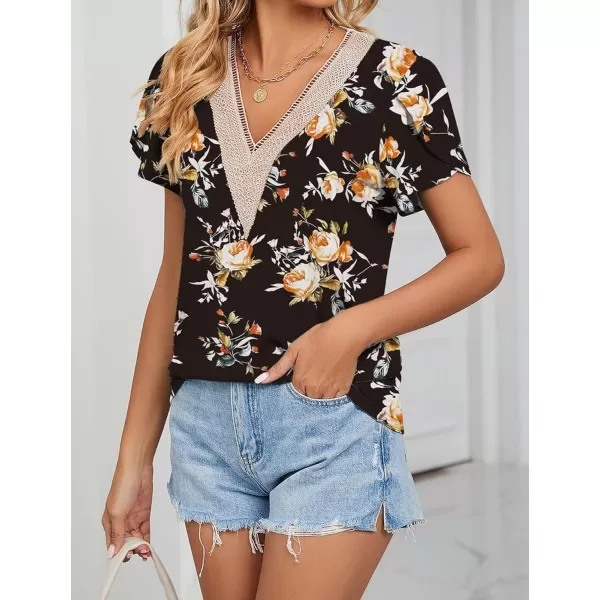 Womens Casual Petal Sleeve Lace Trim V Neck Tops 2023 Summer Loose Tee Shirts BlouseBlack Red