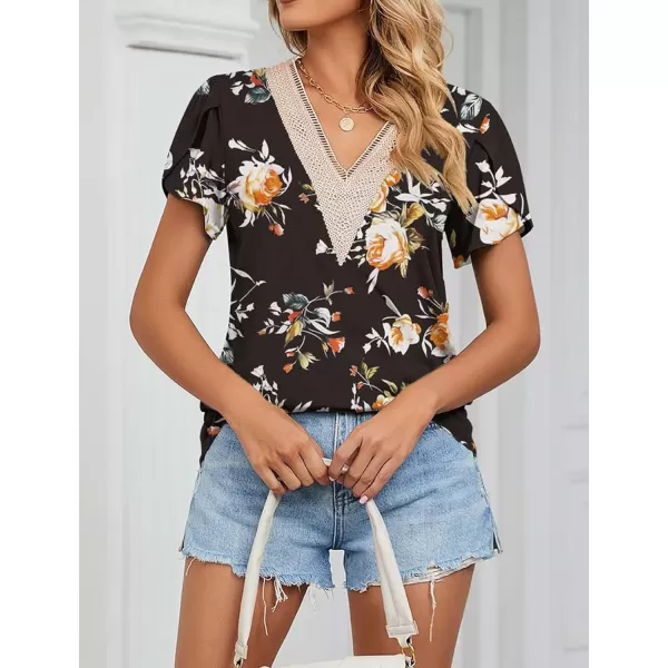 Womens Casual Petal Sleeve Lace Trim V Neck Tops 2023 Summer Loose Tee Shirts BlouseBlack Red