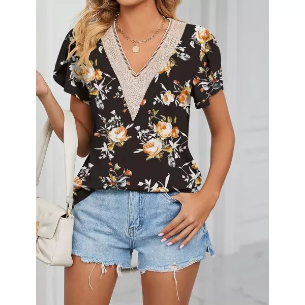 Womens Casual Petal Sleeve Lace Trim V Neck Tops 2023 Summer Loose Tee Shirts BlouseBlack Red