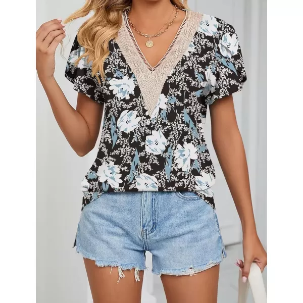 Womens Casual Petal Sleeve Lace Trim V Neck Tops 2023 Summer Loose Tee Shirts BlouseBlack White