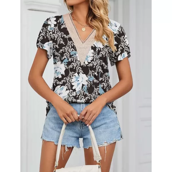 Womens Casual Petal Sleeve Lace Trim V Neck Tops 2023 Summer Loose Tee Shirts BlouseBlack White
