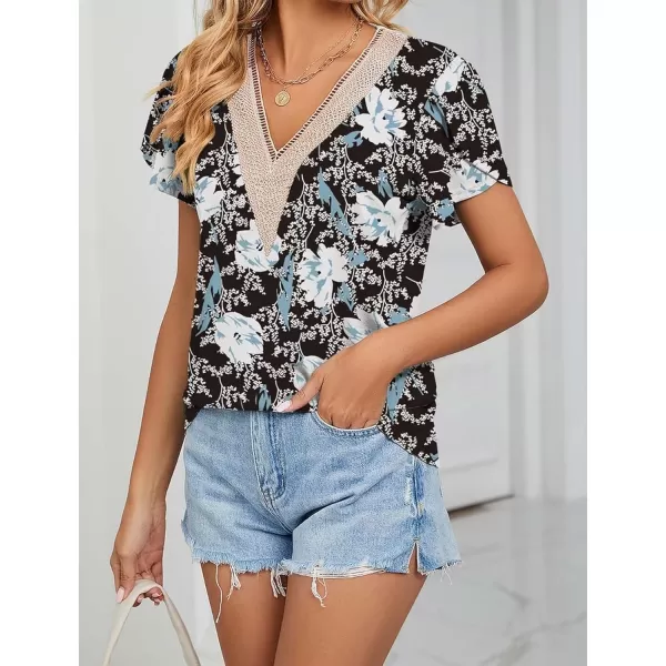 Womens Casual Petal Sleeve Lace Trim V Neck Tops 2023 Summer Loose Tee Shirts BlouseBlack White