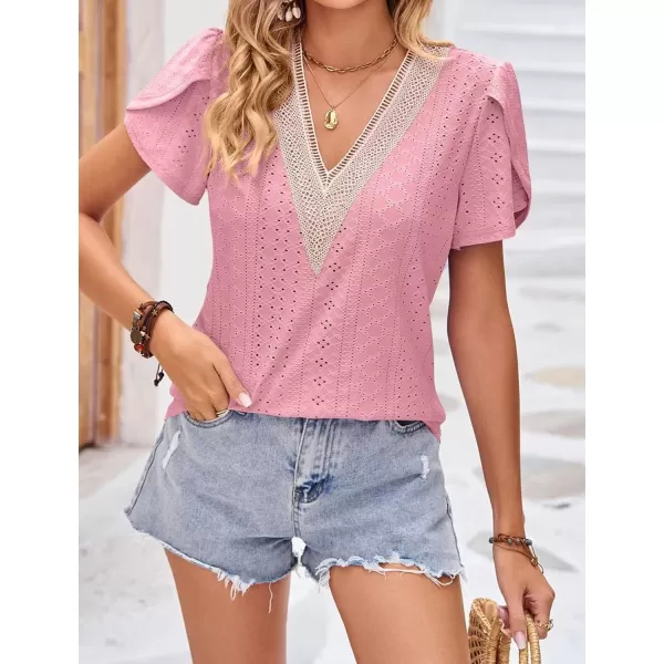 Womens Casual Petal Sleeve Lace Trim V Neck Tops 2023 Summer Loose Tee Shirts BlouseDusty Pink