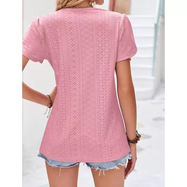 Womens Casual Petal Sleeve Lace Trim V Neck Tops 2023 Summer Loose Tee Shirts BlouseDusty Pink