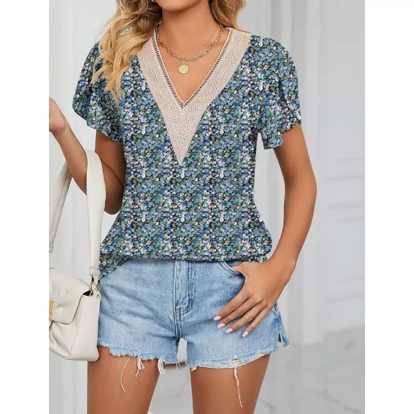 Womens Casual Petal Sleeve Lace Trim V Neck Tops 2023 Summer Loose Tee Shirts BlouseFloral Blue
