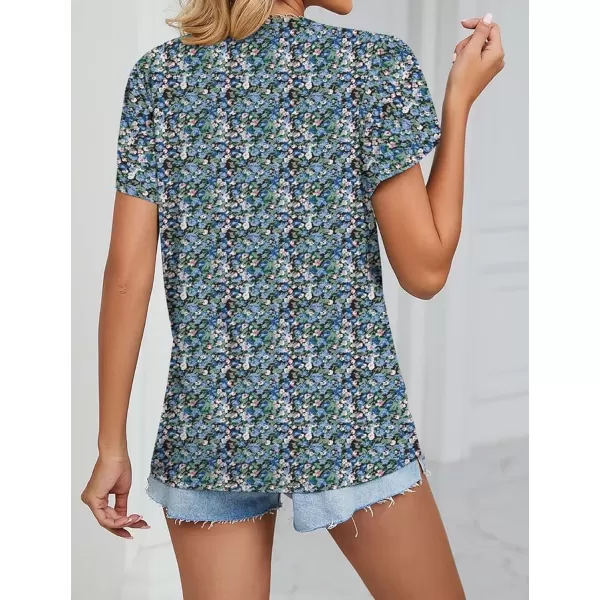 Womens Casual Petal Sleeve Lace Trim V Neck Tops 2023 Summer Loose Tee Shirts BlouseFloral Blue
