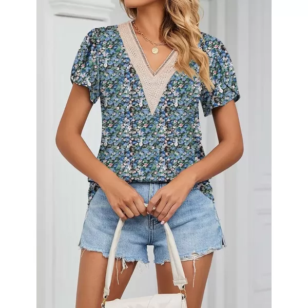 Womens Casual Petal Sleeve Lace Trim V Neck Tops 2023 Summer Loose Tee Shirts BlouseFloral Blue