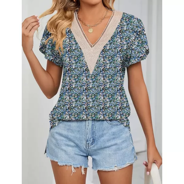Womens Casual Petal Sleeve Lace Trim V Neck Tops 2023 Summer Loose Tee Shirts BlouseFloral Blue