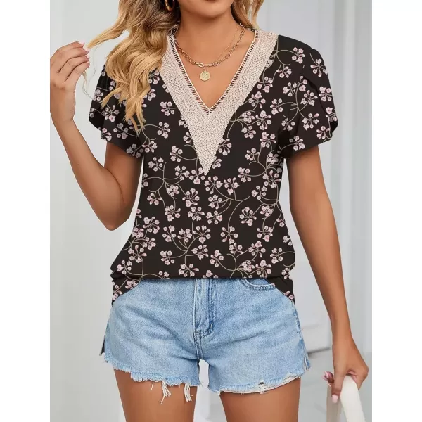 Womens Casual Petal Sleeve Lace Trim V Neck Tops 2023 Summer Loose Tee Shirts BlouseFloral Cherry