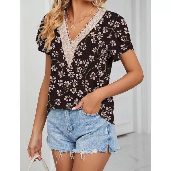 Womens Casual Petal Sleeve Lace Trim V Neck Tops 2023 Summer Loose Tee Shirts BlouseFloral Cherry