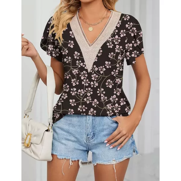 Womens Casual Petal Sleeve Lace Trim V Neck Tops 2023 Summer Loose Tee Shirts BlouseFloral Cherry