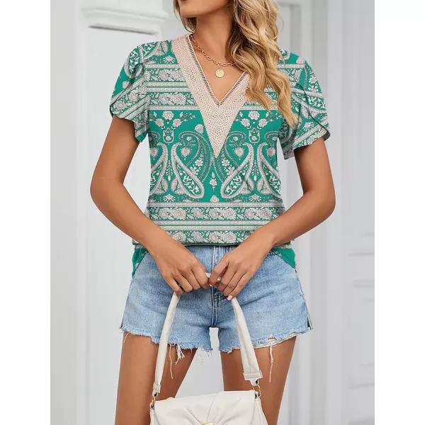 Womens Casual Petal Sleeve Lace Trim V Neck Tops 2023 Summer Loose Tee Shirts BlouseFloral Green