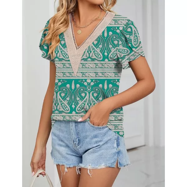 Womens Casual Petal Sleeve Lace Trim V Neck Tops 2023 Summer Loose Tee Shirts BlouseFloral Green