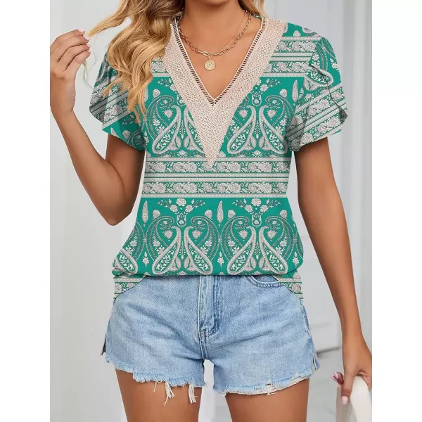 Womens Casual Petal Sleeve Lace Trim V Neck Tops 2023 Summer Loose Tee Shirts BlouseFloral Green