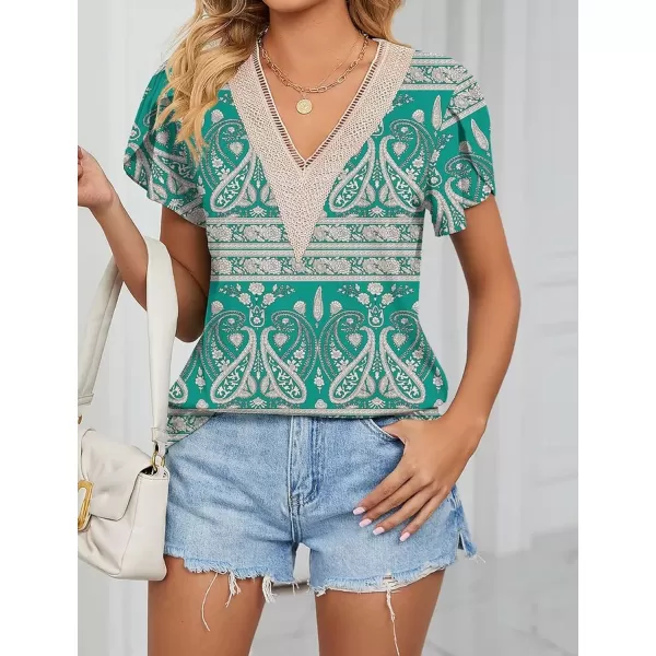 Womens Casual Petal Sleeve Lace Trim V Neck Tops 2023 Summer Loose Tee Shirts BlouseFloral Green