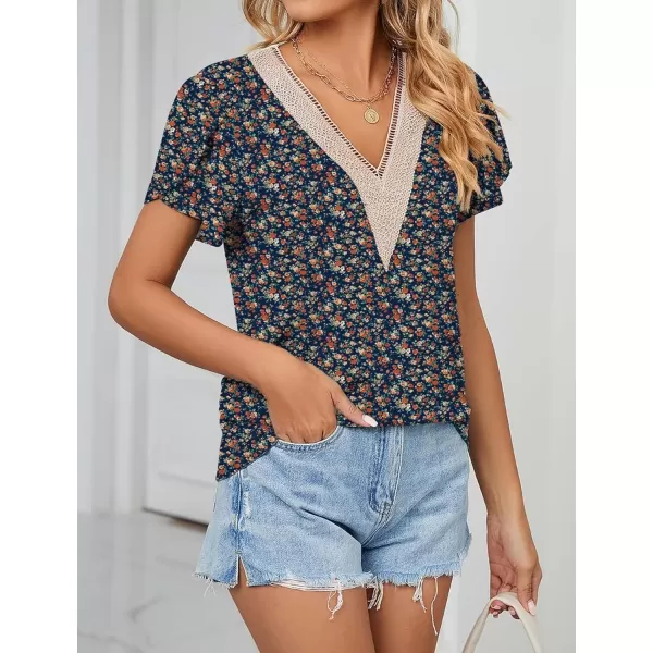 Womens Casual Petal Sleeve Lace Trim V Neck Tops 2023 Summer Loose Tee Shirts BlouseFloral Purple