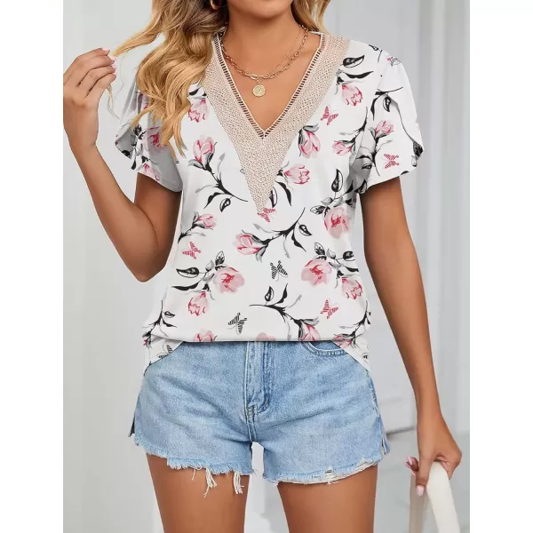 Womens Casual Petal Sleeve Lace Trim V Neck Tops 2023 Summer Loose Tee Shirts BlouseFloral White