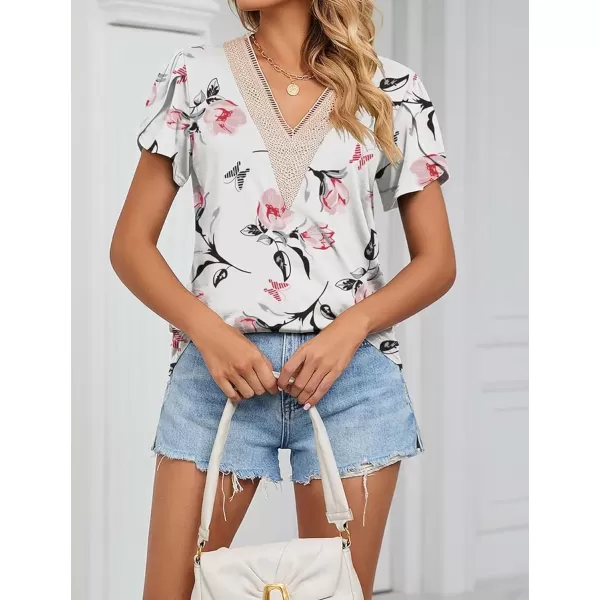 Womens Casual Petal Sleeve Lace Trim V Neck Tops 2023 Summer Loose Tee Shirts BlouseFloral White