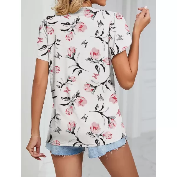 Womens Casual Petal Sleeve Lace Trim V Neck Tops 2023 Summer Loose Tee Shirts BlouseFloral White