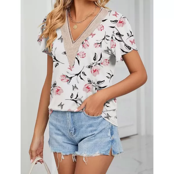 Womens Casual Petal Sleeve Lace Trim V Neck Tops 2023 Summer Loose Tee Shirts BlouseFloral White