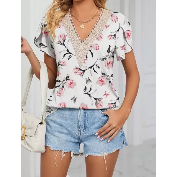 Womens Casual Petal Sleeve Lace Trim V Neck Tops 2023 Summer Loose Tee Shirts BlouseFloral White