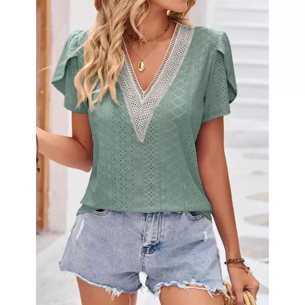 Womens Casual Petal Sleeve Lace Trim V Neck Tops 2023 Summer Loose Tee Shirts BlouseGreen