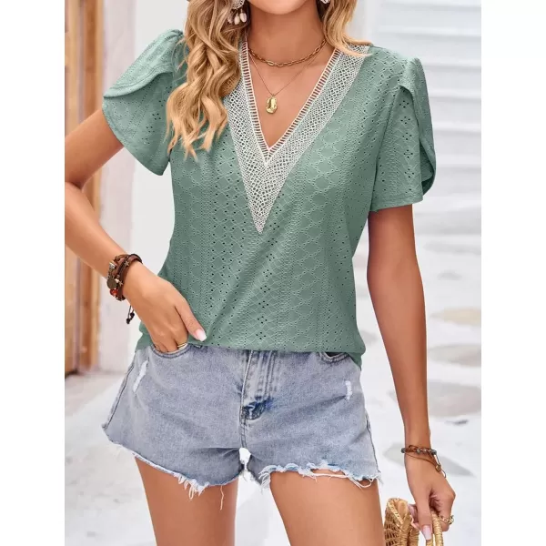 Womens Casual Petal Sleeve Lace Trim V Neck Tops 2023 Summer Loose Tee Shirts BlouseGreen