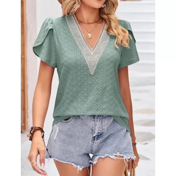 Womens Casual Petal Sleeve Lace Trim V Neck Tops 2023 Summer Loose Tee Shirts BlouseGreen