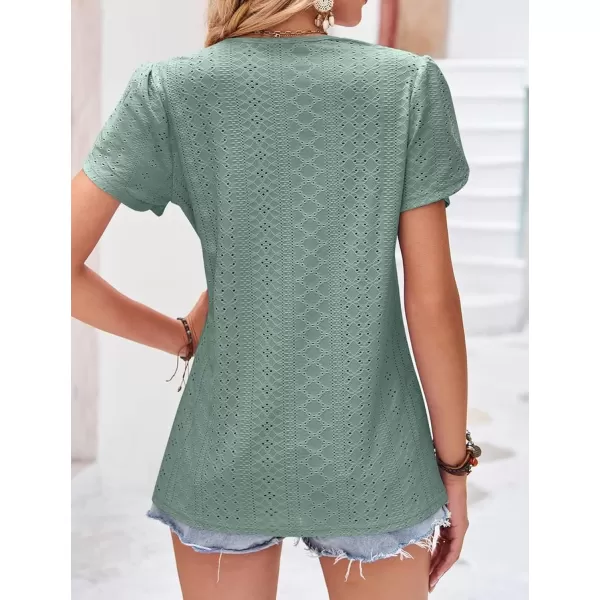 Womens Casual Petal Sleeve Lace Trim V Neck Tops 2023 Summer Loose Tee Shirts BlouseGreen