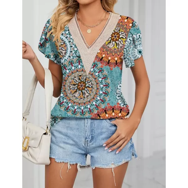 Womens Casual Petal Sleeve Lace Trim V Neck Tops 2023 Summer Loose Tee Shirts BlouseMulticolored