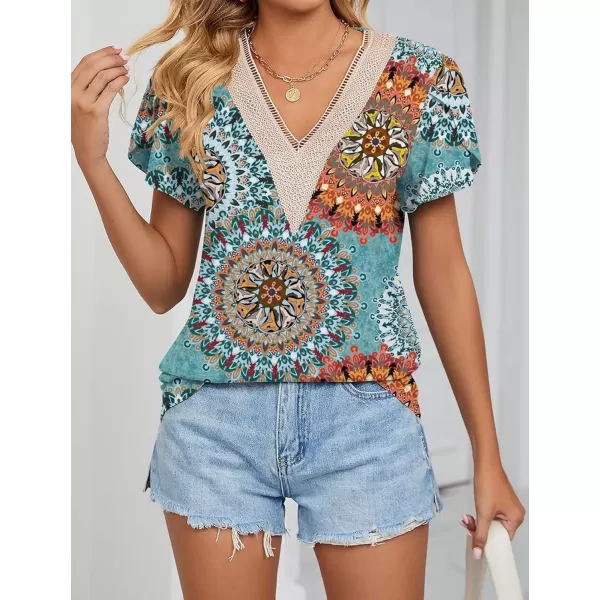 Womens Casual Petal Sleeve Lace Trim V Neck Tops 2023 Summer Loose Tee Shirts BlouseMulticolored