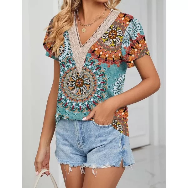Womens Casual Petal Sleeve Lace Trim V Neck Tops 2023 Summer Loose Tee Shirts BlouseMulticolored